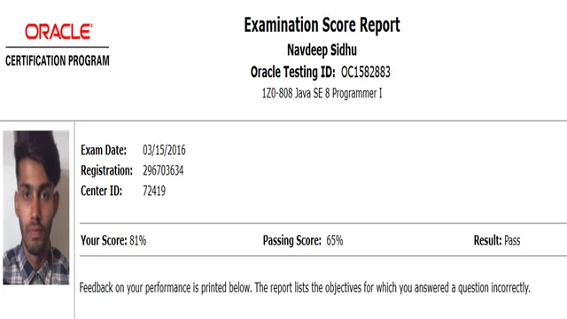Oracle examination score report for Navdeep Sidhu, Java SE 8 Programmer I, scored 81%