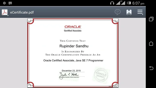 Oracle Certified Associate certificate for Rupinder Sandhu, Java SE 7 Programmer