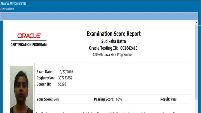 Oracle examination score report for Sudiksha Batra, Java SE 8 Programmer I, scored 84%