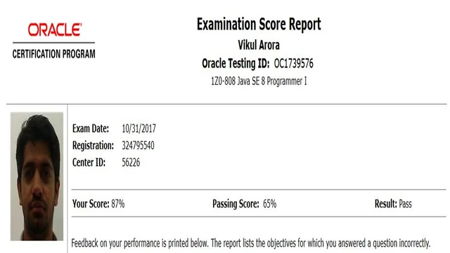 Oracle examination score report for Vikul Arora, Java SE 8 Programmer I, scored 87%
